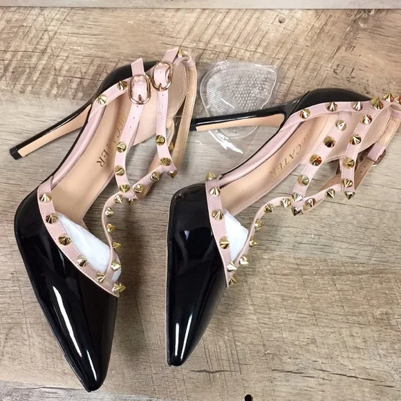 Hecater Ankle Strap Studded Patent Faux Leather Black and Cream Heels - Picture 6 of 9